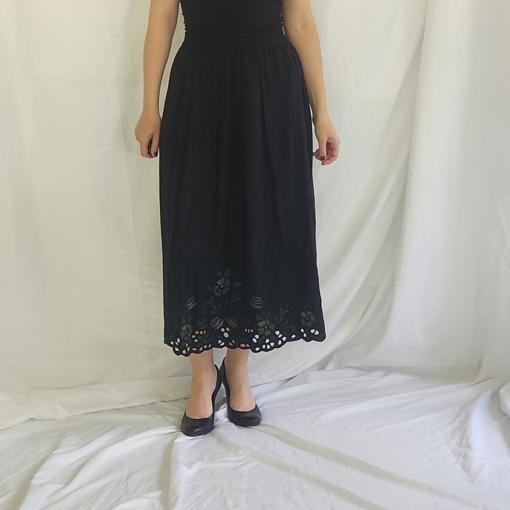 90s Black Rayon Floral Skirt